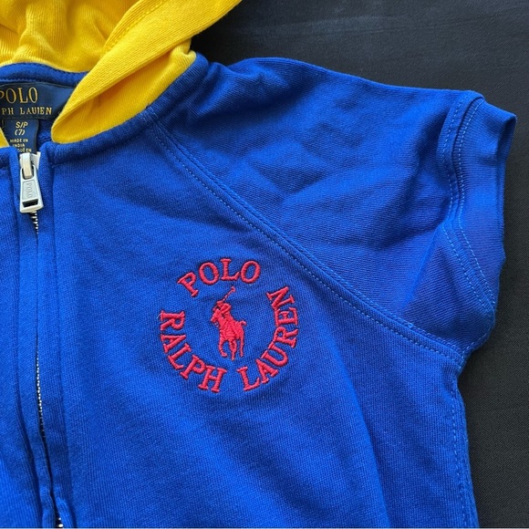 Girl’s Polo Ralph Lauren Blue & Yellow Hoodie Summer Romper - Picture 4 of 7